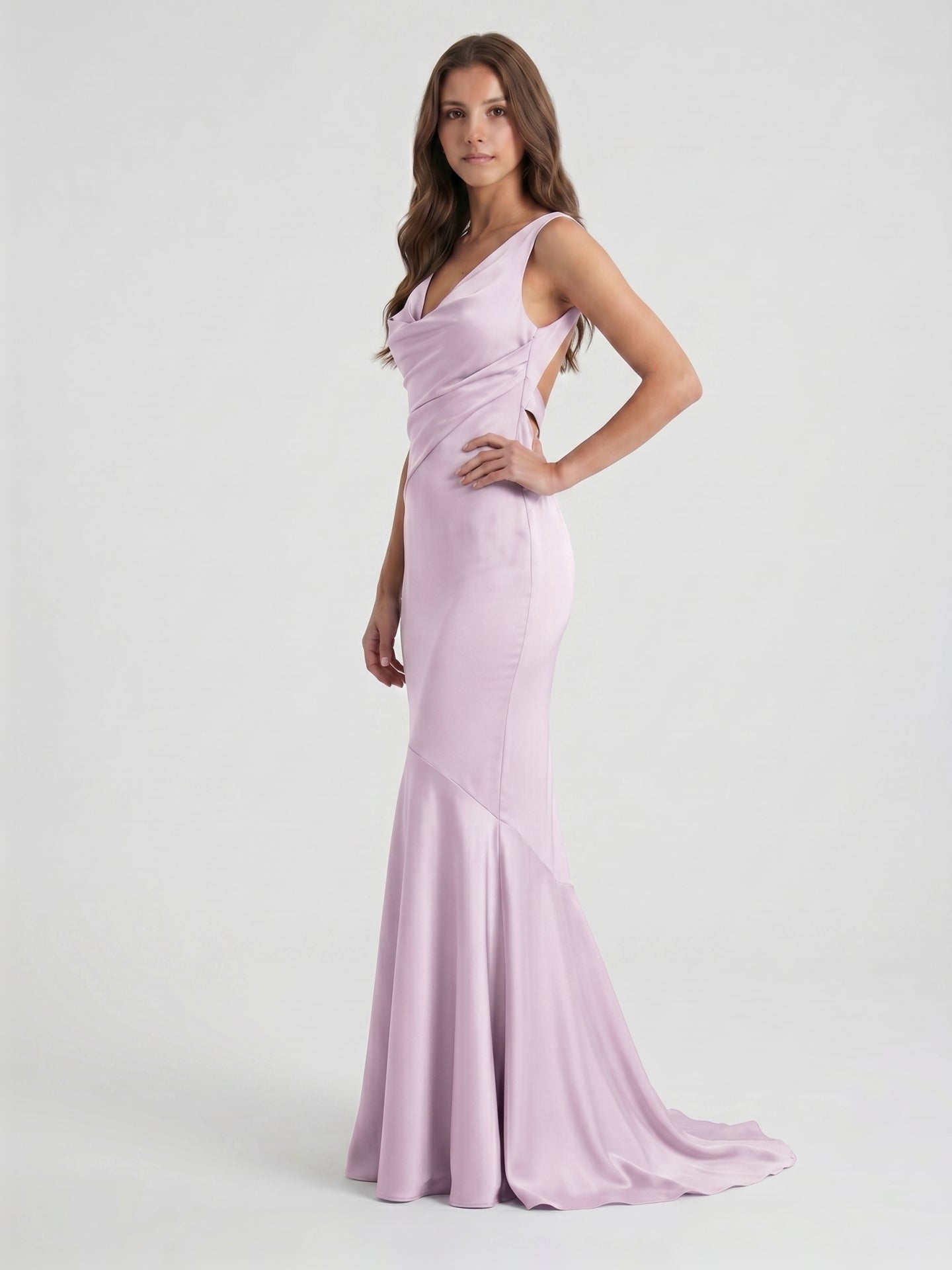 Lilac Matte Satin Mermaid Cowl Neck Backless Floor-Length Bridesmaid Dress