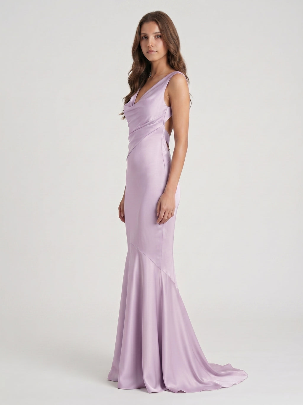 Lilac Matte Satin Mermaid Cowl Neck Backless Floor-Length Bridesmaid Dress