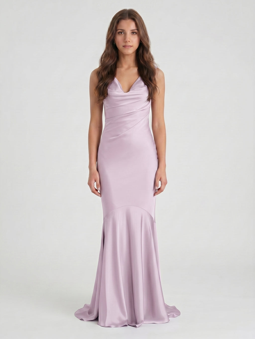Lilac Matte Satin Mermaid Cowl Neck Backless Floor-Length Bridesmaid Dress