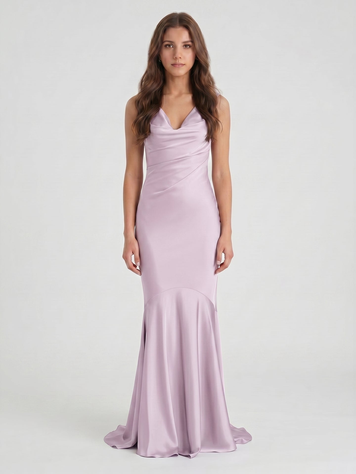 Lilac Matte Satin Mermaid Cowl Neck Backless Floor-Length Bridesmaid Dress