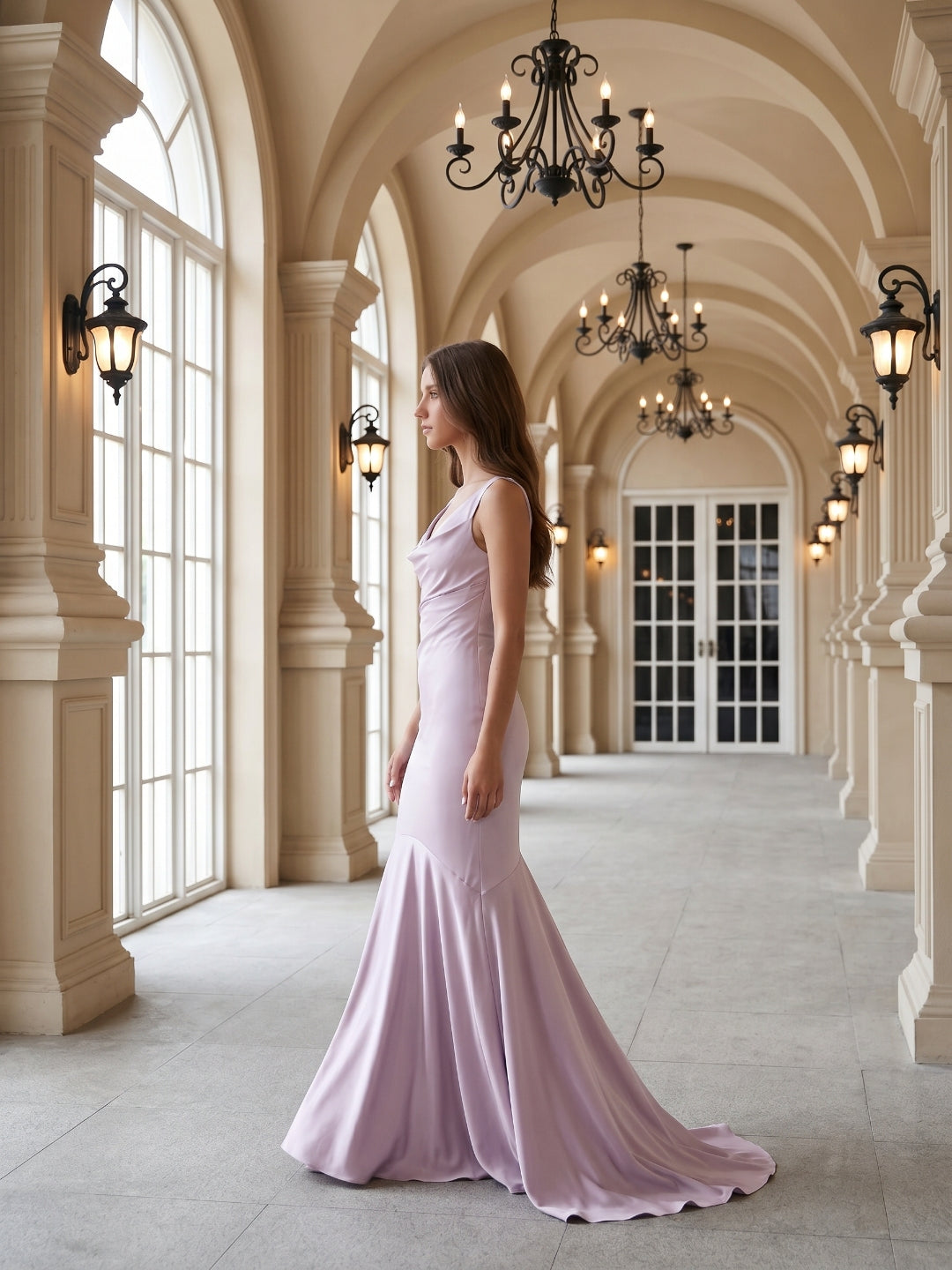 Lilac Matte Satin Mermaid Cowl Neck Backless Floor-Length Bridesmaid Dress
