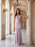 Lilac Matte Satin Mermaid Cowl Neck Backless Floor-Length Bridesmaid Dress