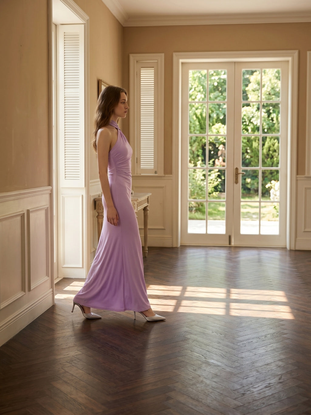 Lilac Matte Satin Mermaid Halter Neckline Backless Floor-Length Bridesmaid Dress with Bow