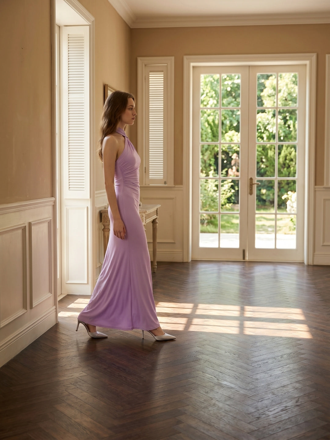 Lilac Matte Satin Mermaid Halter Neckline Backless Floor-Length Bridesmaid Dress with Bow