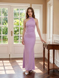Lilac Matte Satin Mermaid Halter Neckline Backless Floor-Length Bridesmaid Dress with Bow