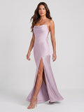 Lilac Matte Satin Trumpet Straight Neck Backless Ankle-Length Bridesmaid Dress