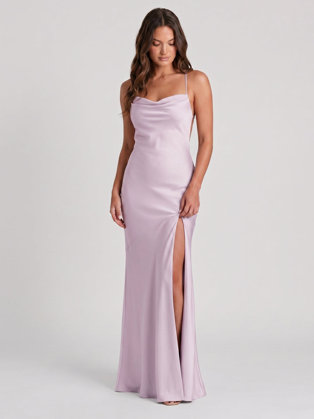 Lilac Matte Satin Trumpet Straight Neck Backless Ankle-Length Bridesmaid Dress