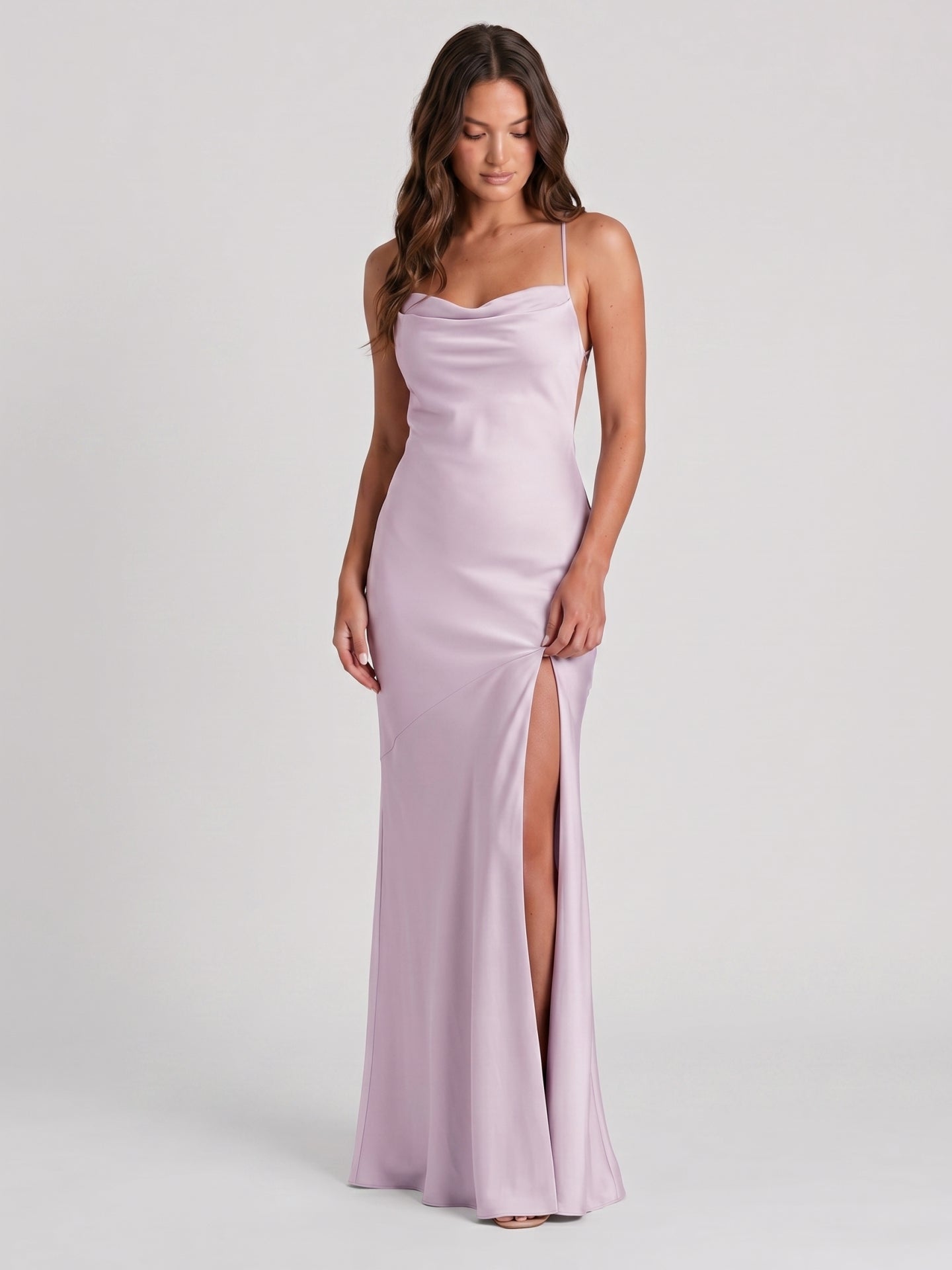 Lilac Matte Satin Trumpet Straight Neck Backless Ankle-Length Bridesmaid Dress