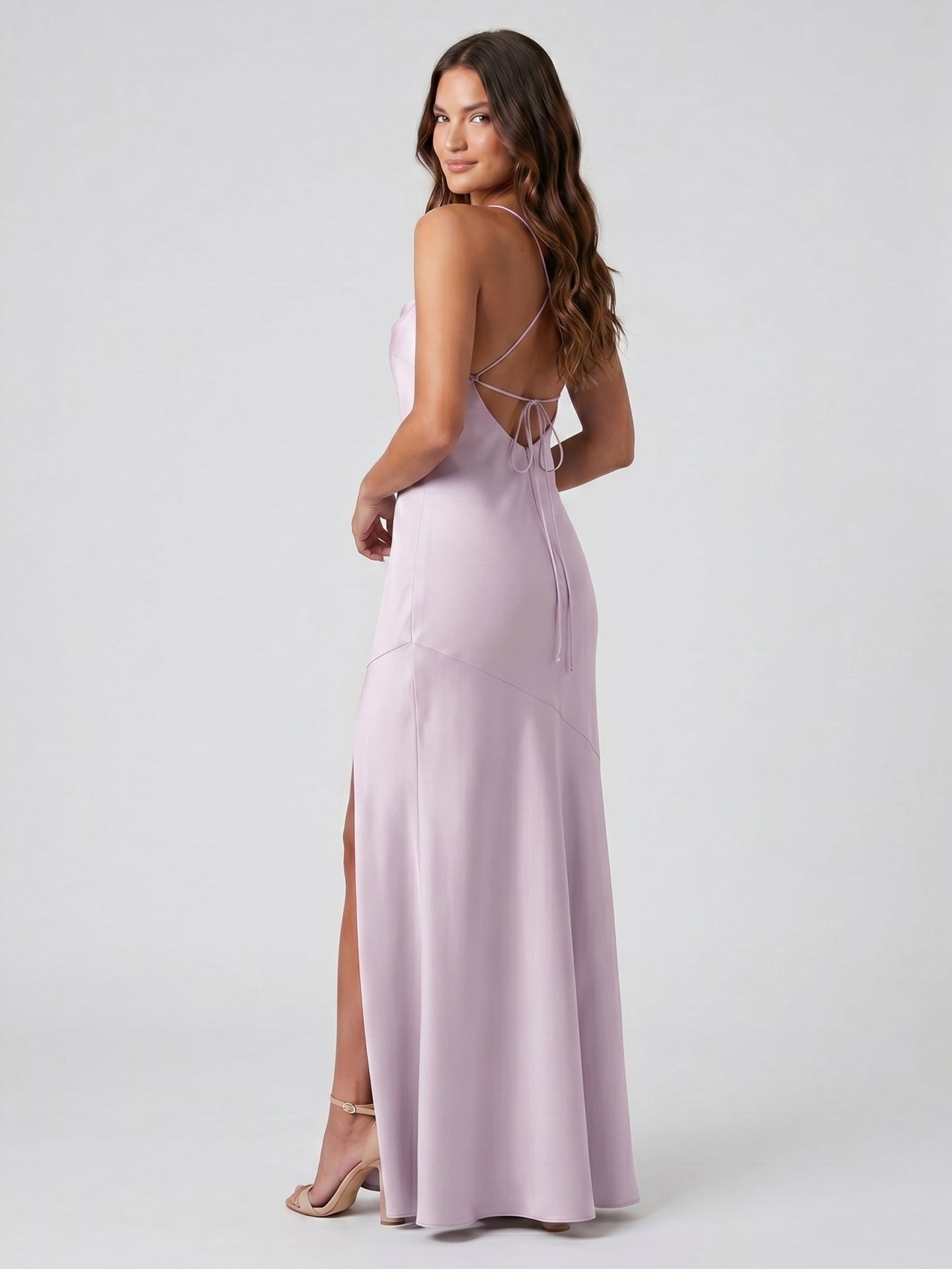 Lilac Matte Satin Trumpet Straight Neck Backless Ankle-Length Bridesmaid Dress