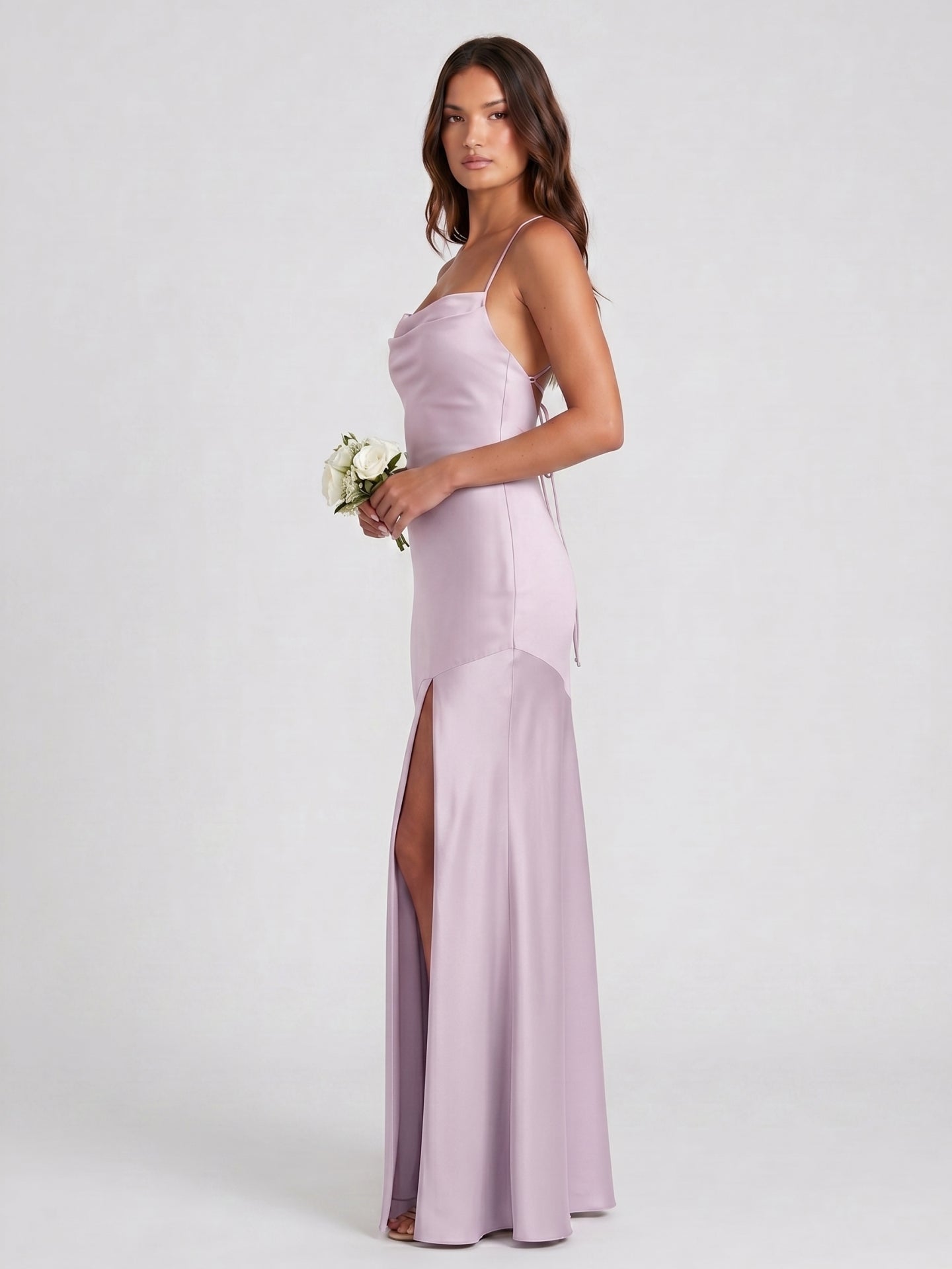 Lilac Matte Satin Trumpet Straight Neck Backless Ankle-Length Bridesmaid Dress