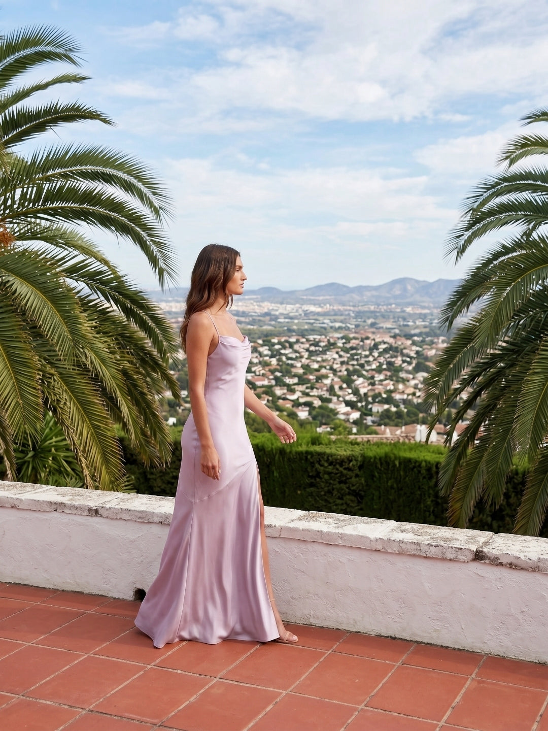 Lilac Matte Satin Trumpet Straight Neck Backless Ankle-Length Bridesmaid Dress