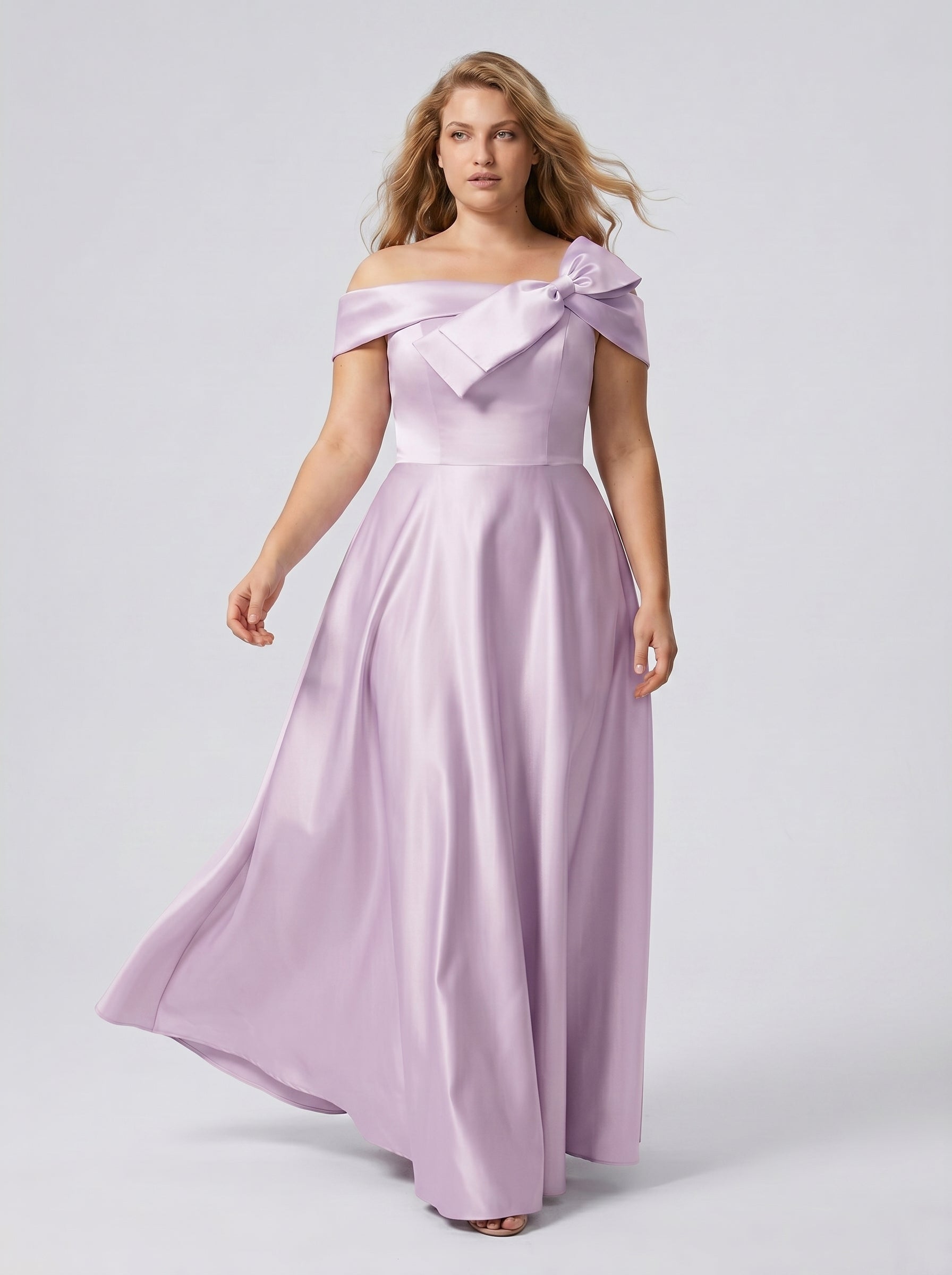 Lilac Satin A-Line Off-the-Shoulder Back Zip Floor-Length Plus Size Bridesmaid Dress