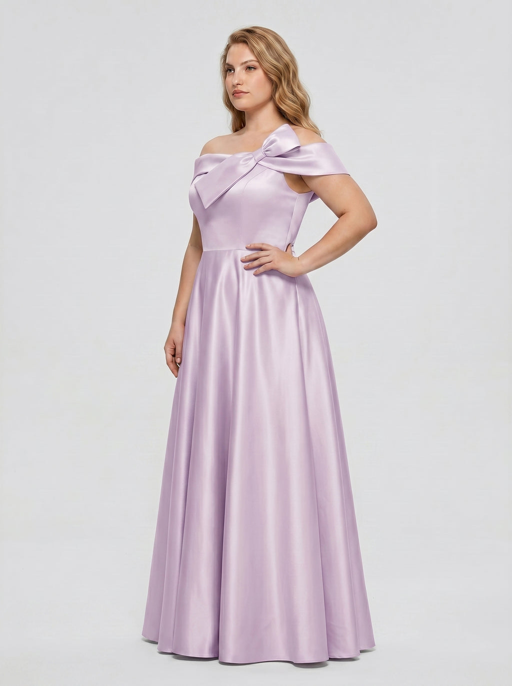 Lilac Satin A-Line Off-the-Shoulder Back Zip Floor-Length Plus Size Bridesmaid Dress