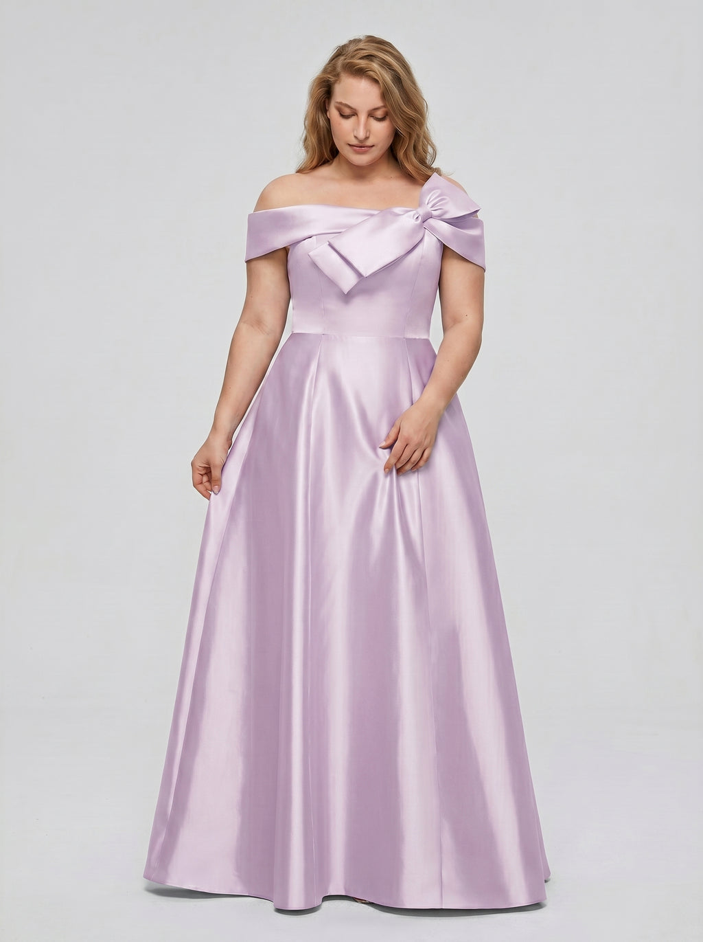 Lilac Satin A-Line Off-the-Shoulder Back Zip Floor-Length Plus Size Bridesmaid Dress