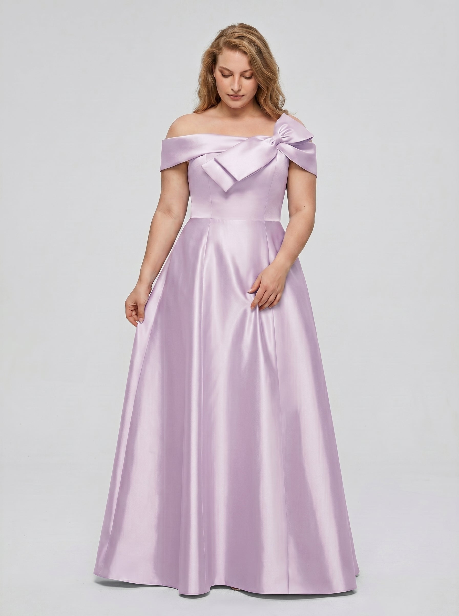 Lilac Satin A-Line Off-the-Shoulder Back Zip Floor-Length Plus Size Bridesmaid Dress