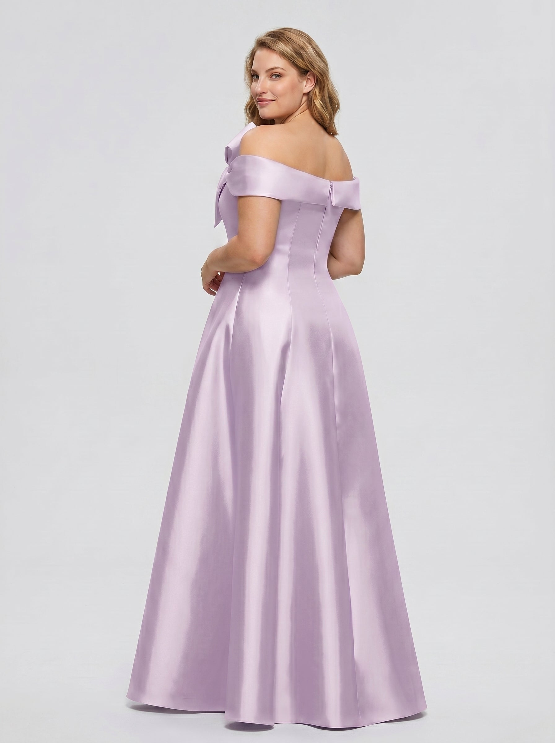 Lilac Satin A-Line Off-the-Shoulder Back Zip Floor-Length Plus Size Bridesmaid Dress