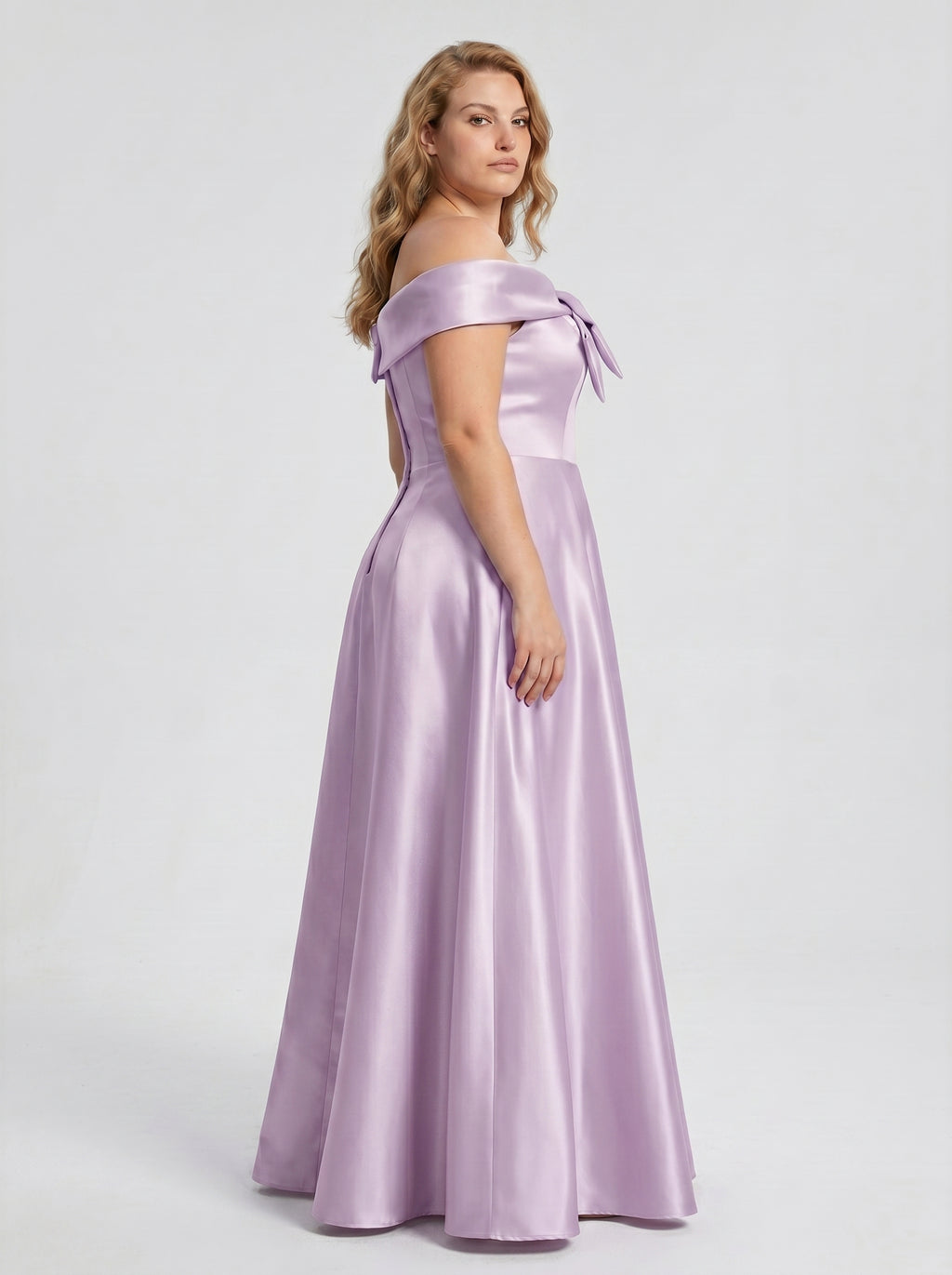 Lilac Satin A-Line Off-the-Shoulder Back Zip Floor-Length Plus Size Bridesmaid Dress
