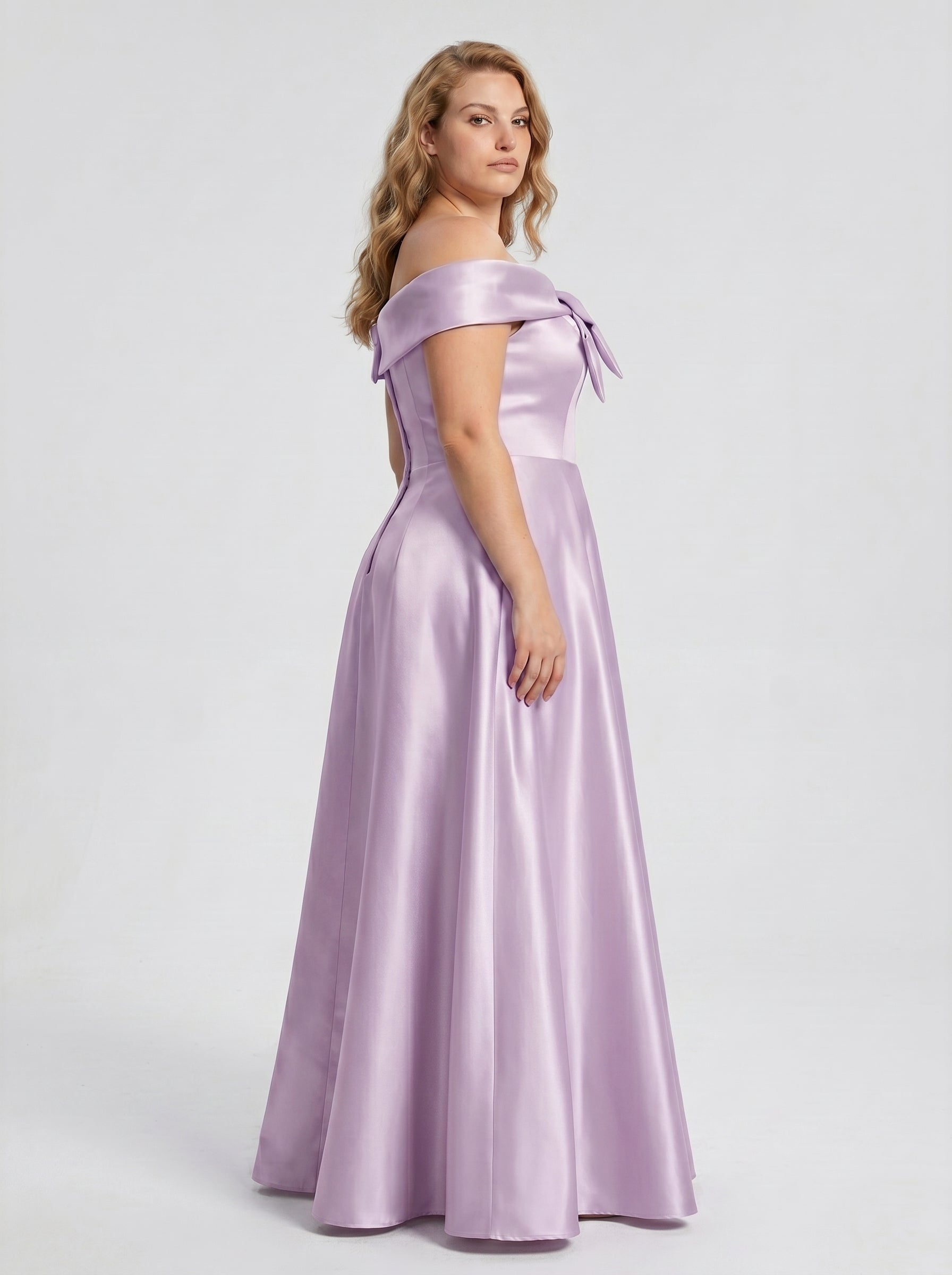 Lilac Satin A-Line Off-the-Shoulder Back Zip Floor-Length Plus Size Bridesmaid Dress