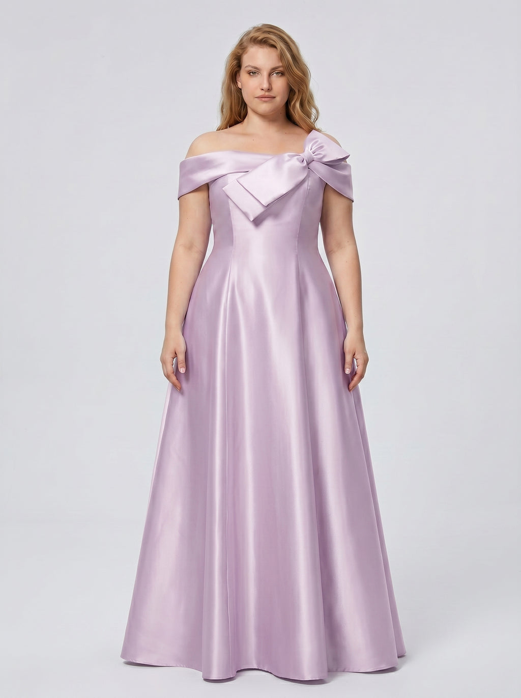 Lilac Satin A-Line Off-the-Shoulder Back Zip Floor-Length Plus Size Bridesmaid Dress