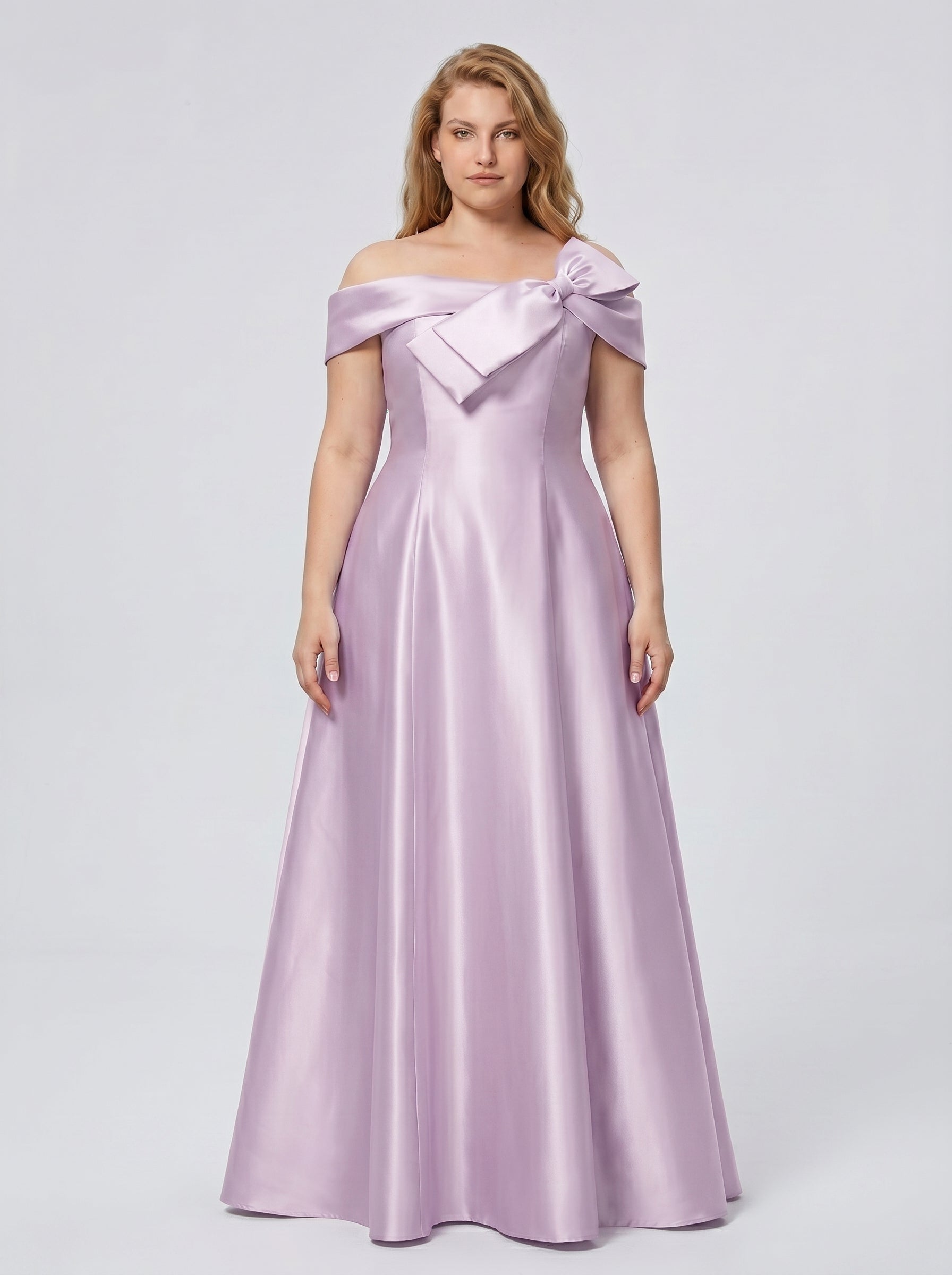 Lilac Satin A-Line Off-the-Shoulder Back Zip Floor-Length Plus Size Bridesmaid Dress