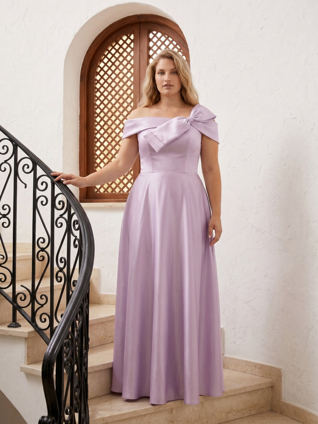 Lilac Satin A-Line Off-the-Shoulder Back Zip Floor-Length Plus Size Bridesmaid Dress