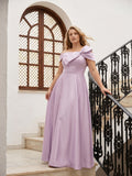 Lilac Satin A-Line Off-the-Shoulder Back Zip Floor-Length Plus Size Bridesmaid Dress