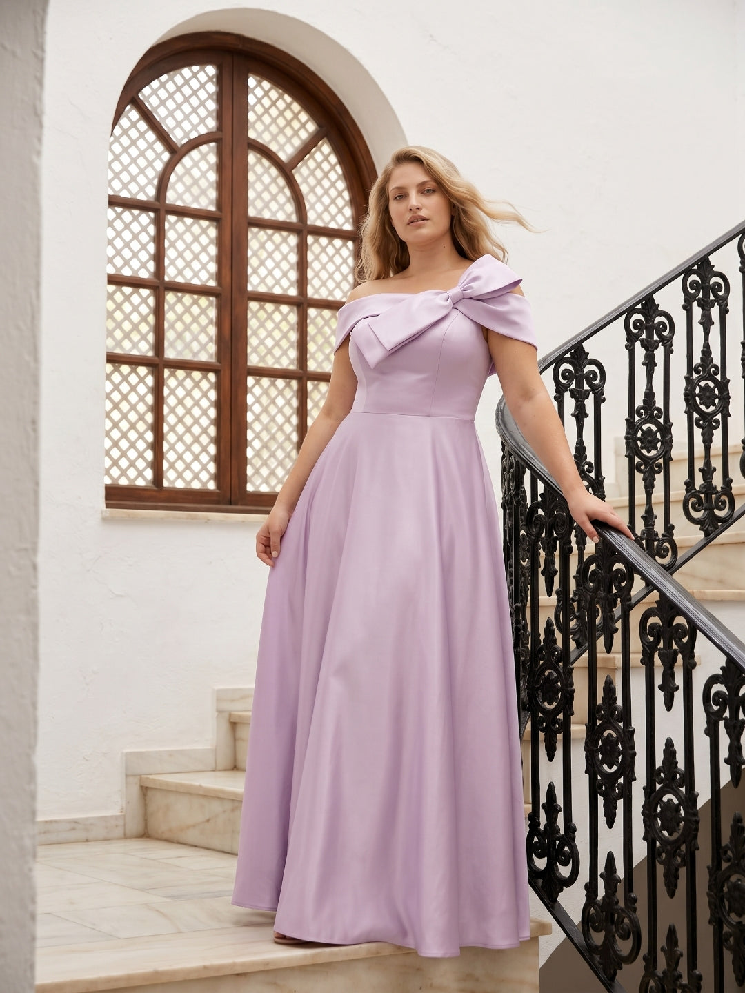 Lilac Satin A-Line Off-the-Shoulder Back Zip Floor-Length Plus Size Bridesmaid Dress