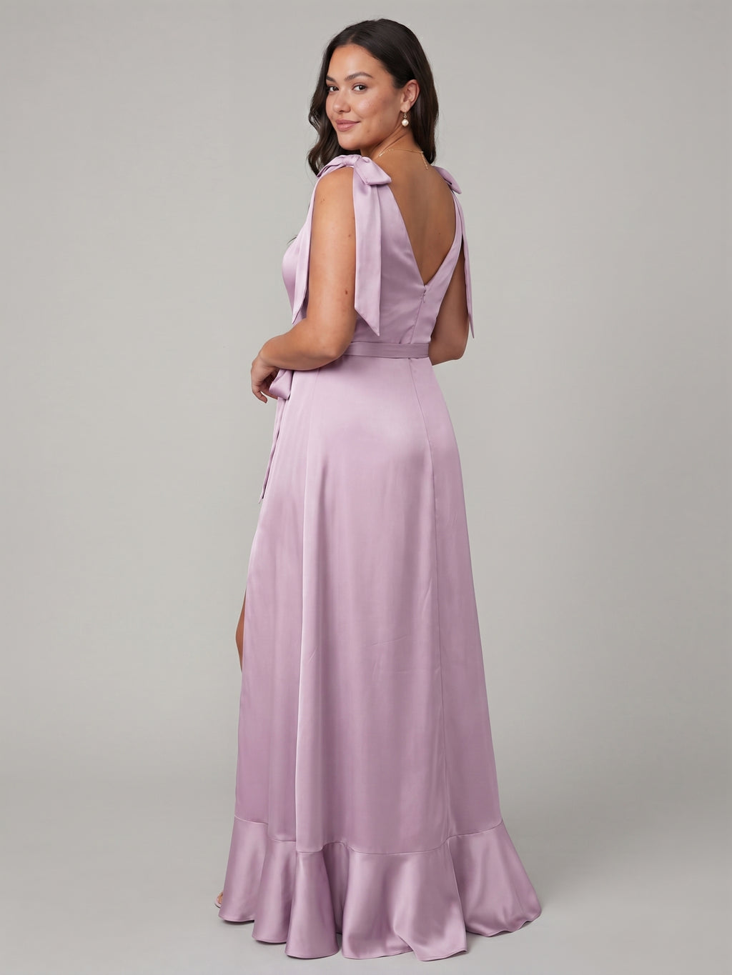 Lilac Satin A-Line Square Neck V-Back Ankle-Length Plus Size Bridesmaid Dress with Bow