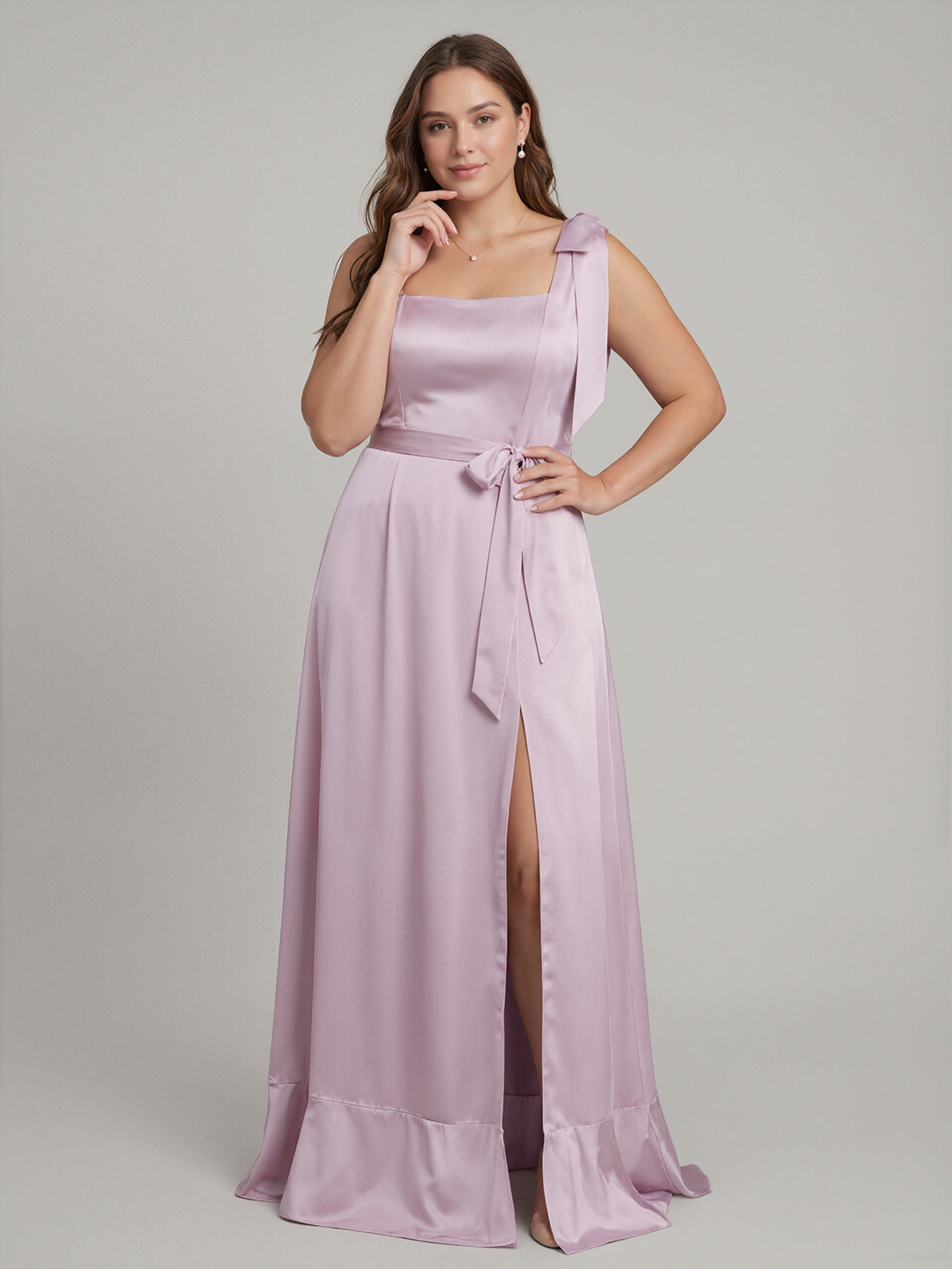 Lilac Satin A-Line Square Neck V-Back Ankle-Length Plus Size Bridesmaid Dress with Bow