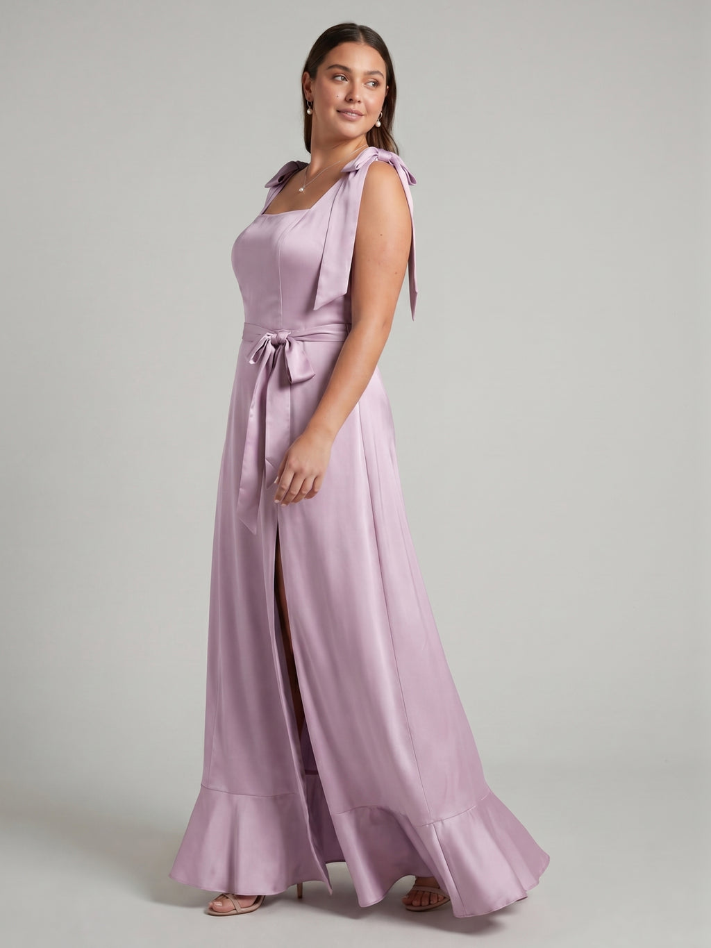 Lilac Satin A-Line Square Neck V-Back Ankle-Length Plus Size Bridesmaid Dress with Bow