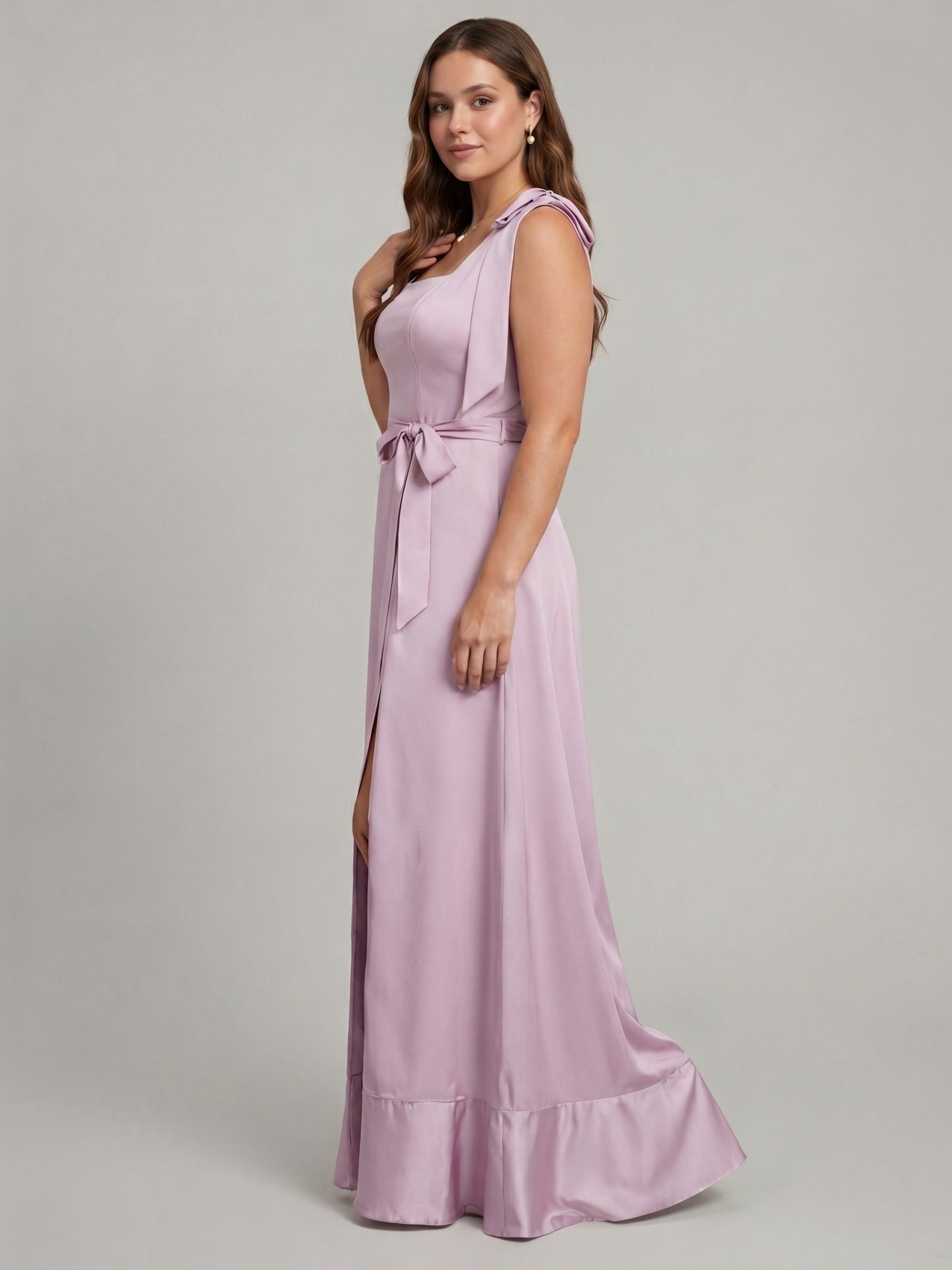 Lilac Satin A-Line Square Neck V-Back Ankle-Length Plus Size Bridesmaid Dress with Bow