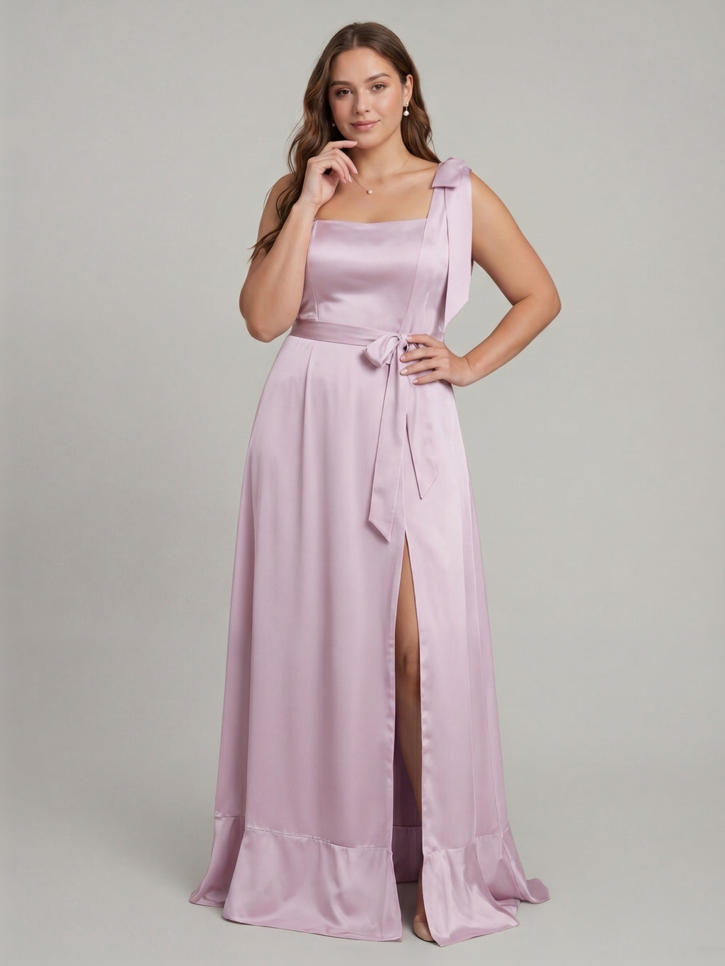 Lilac Satin A-Line Square Neck V-Back Ankle-Length Plus Size Bridesmaid Dress with Bow