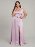 Lilac Satin A-Line Square Neck V-Back Ankle-Length Plus Size Bridesmaid Dress with Bow