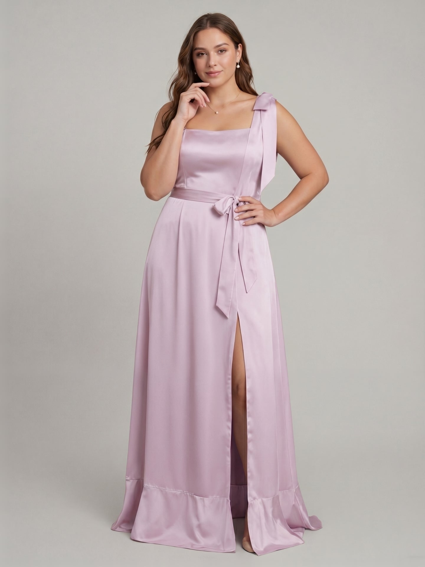 Lilac Satin A-Line Square Neck V-Back Ankle-Length Plus Size Bridesmaid Dress with Bow