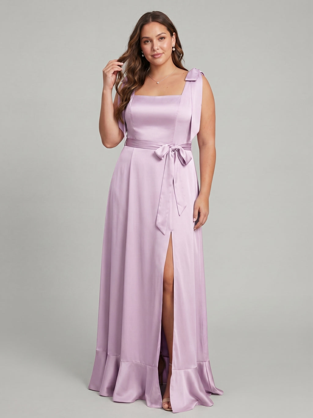 Lilac Satin A-Line Square Neck V-Back Ankle-Length Plus Size Bridesmaid Dress with Bow