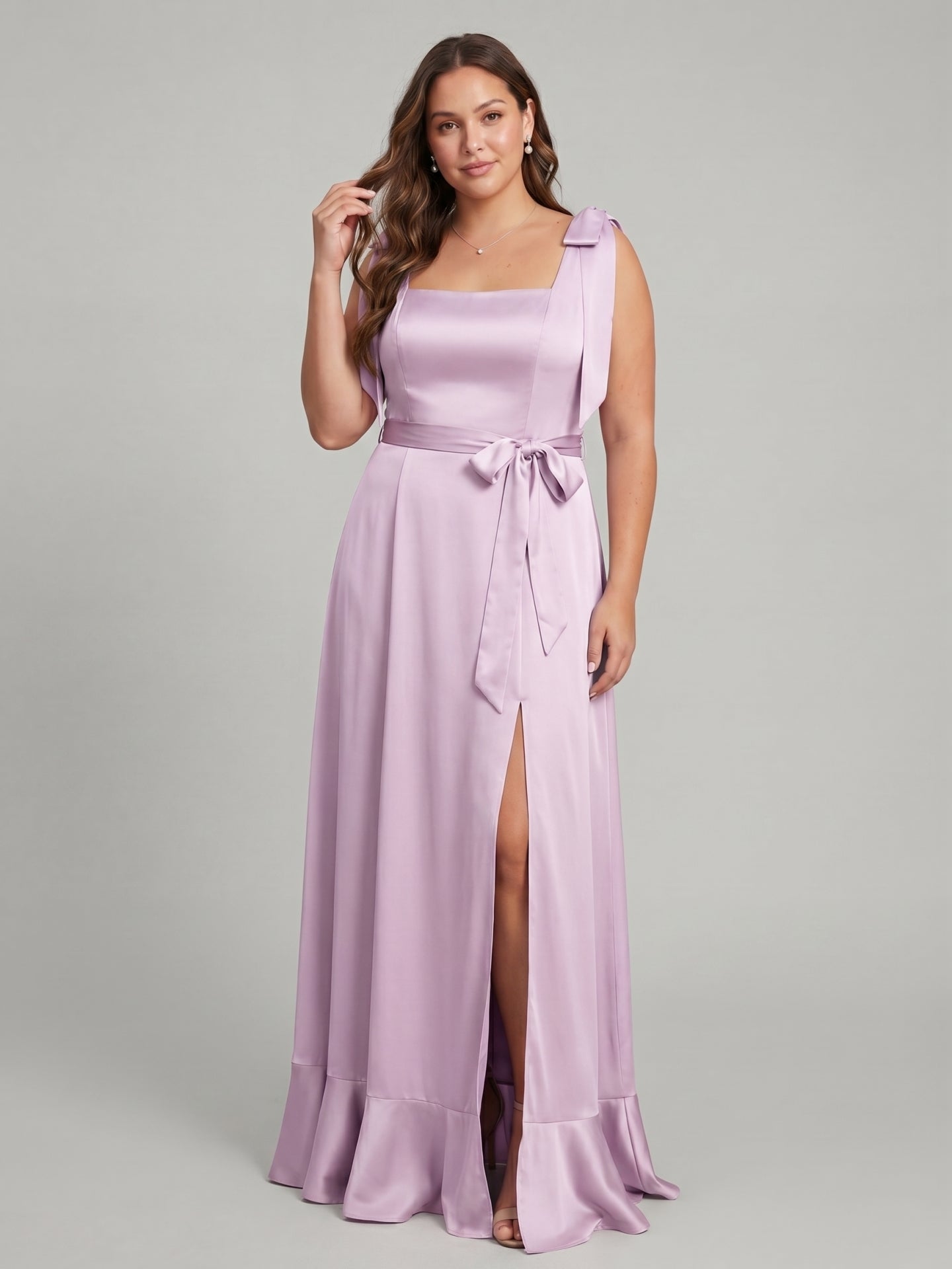 Lilac Satin A-Line Square Neck V-Back Ankle-Length Plus Size Bridesmaid Dress with Bow