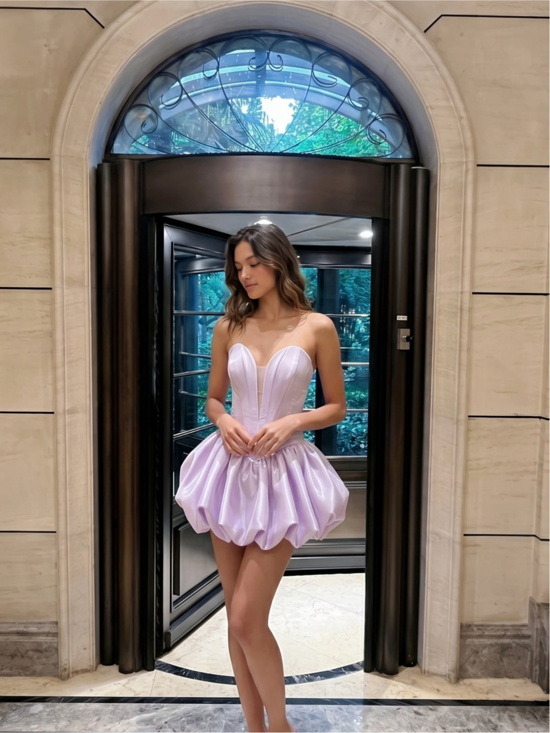 Lilac Satin A-Line Sweetheart Backless Short Homecoming Dress with Pleating