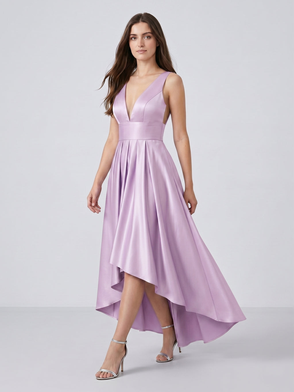 Lilac Satin A-Line V-Neck Backless Asymmetrical Bridesmaid Dress