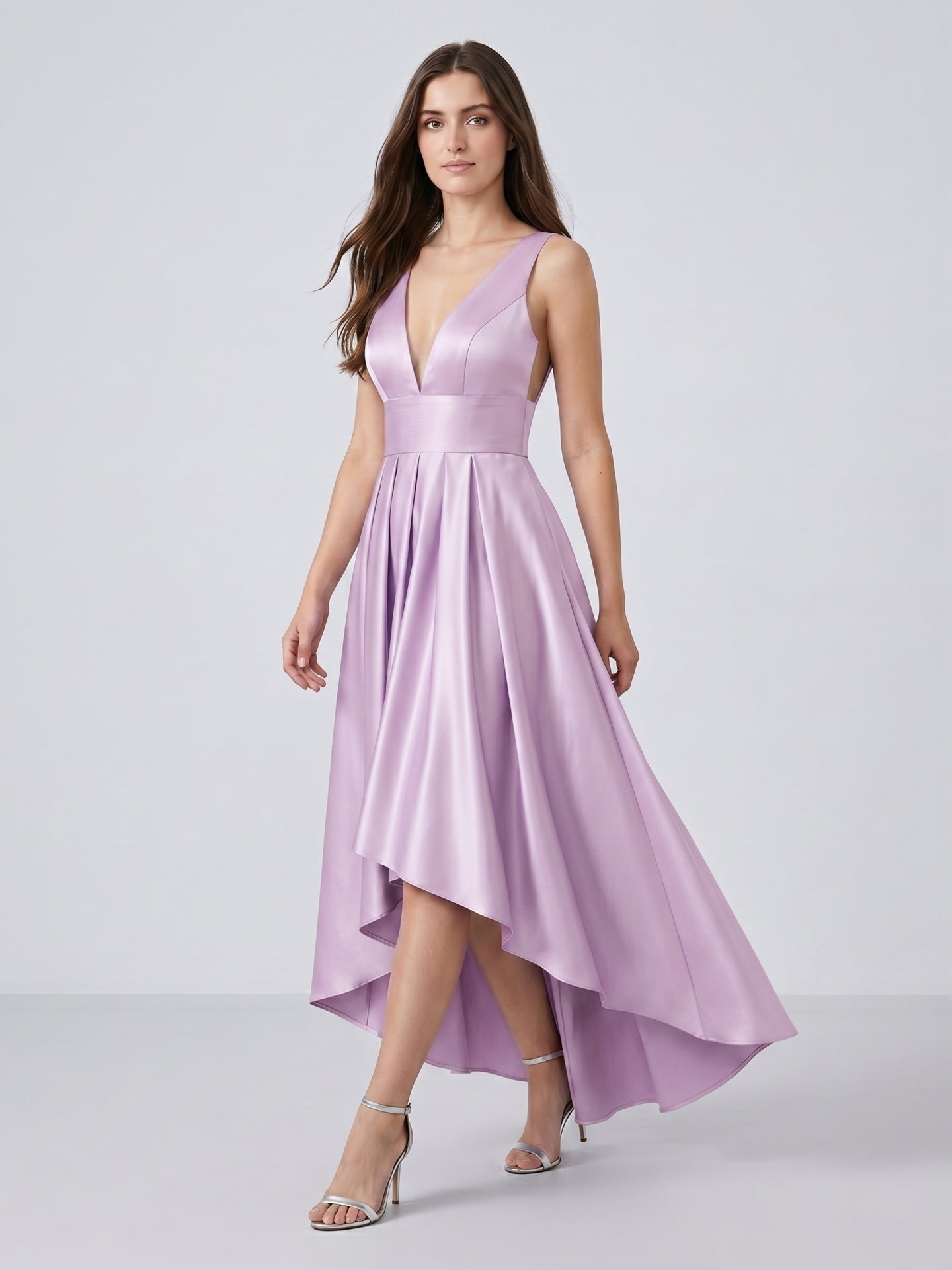 Lilac Satin A-Line V-Neck Backless Asymmetrical Bridesmaid Dress