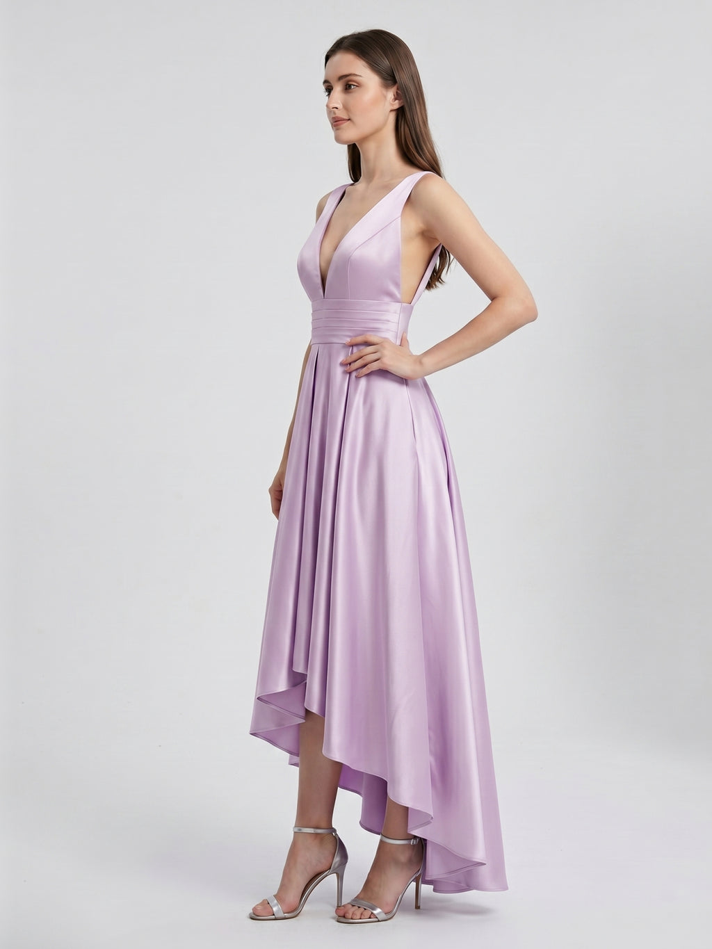 Lilac Satin A-Line V-Neck Backless Asymmetrical Bridesmaid Dress