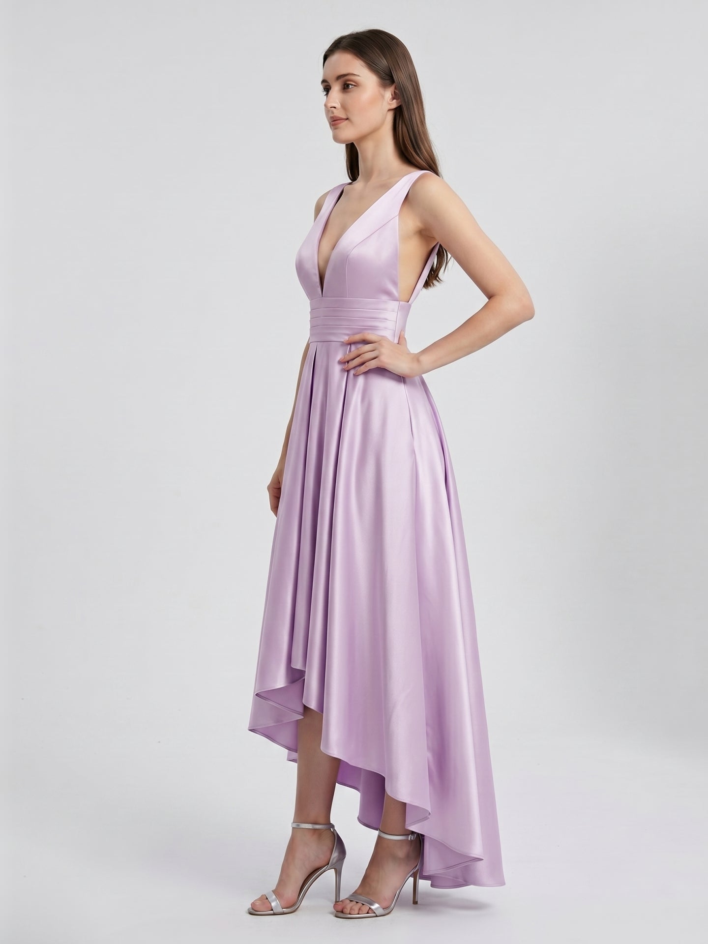 Lilac Satin A-Line V-Neck Backless Asymmetrical Bridesmaid Dress