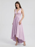 Lilac Satin A-Line V-Neck Backless Asymmetrical Bridesmaid Dress