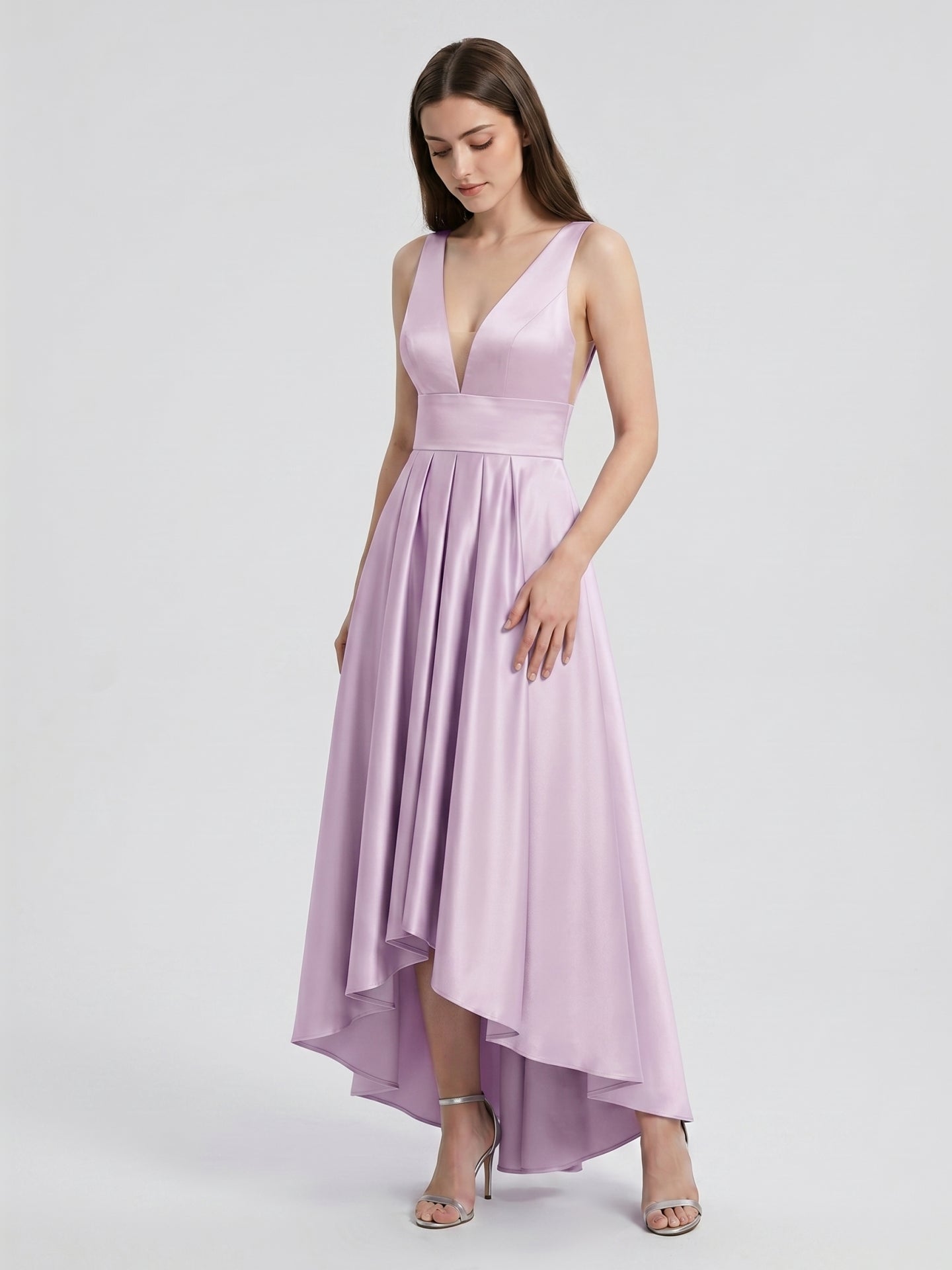 Lilac Satin A-Line V-Neck Backless Asymmetrical Bridesmaid Dress