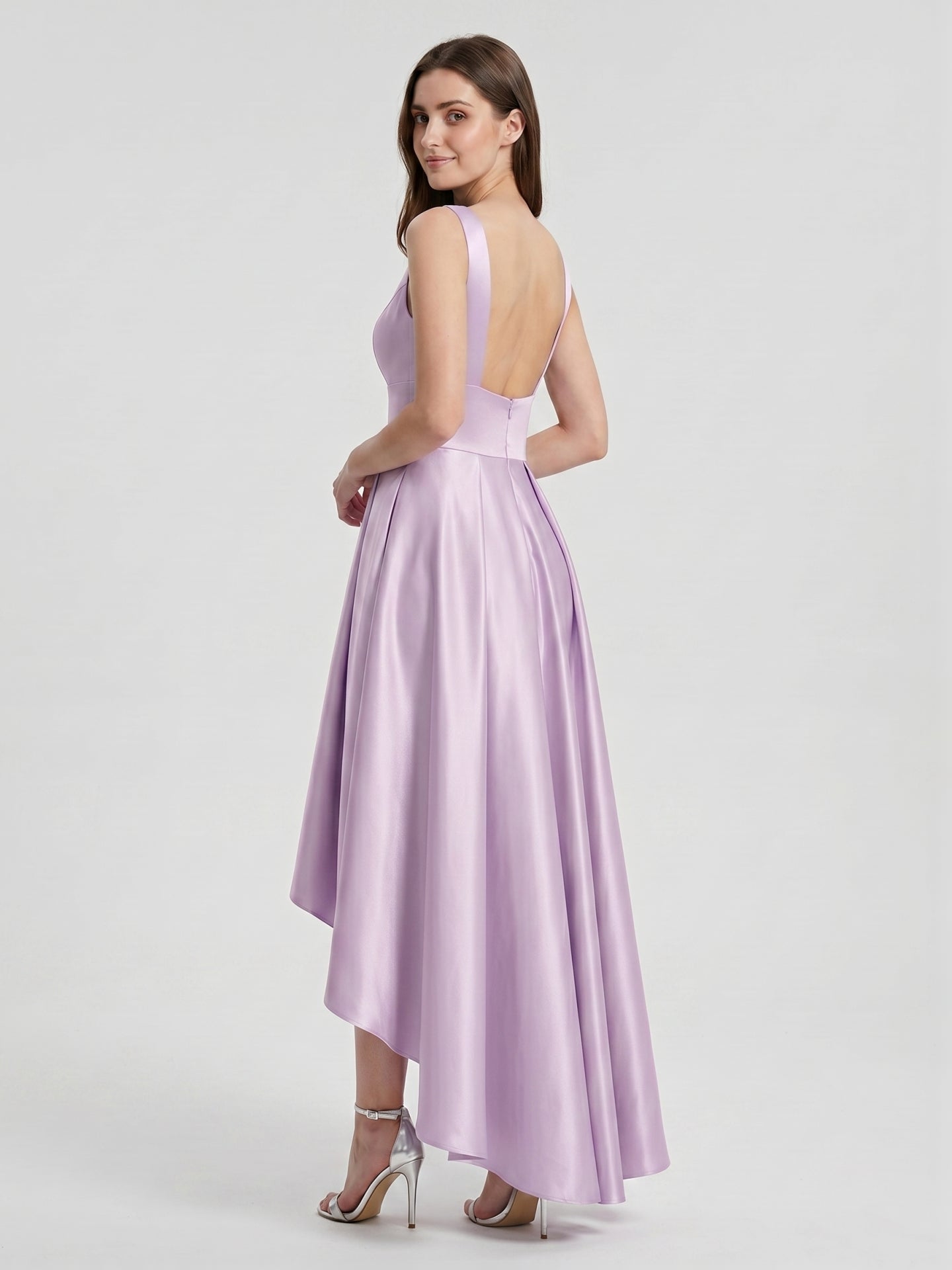 Lilac Satin A-Line V-Neck Backless Asymmetrical Bridesmaid Dress