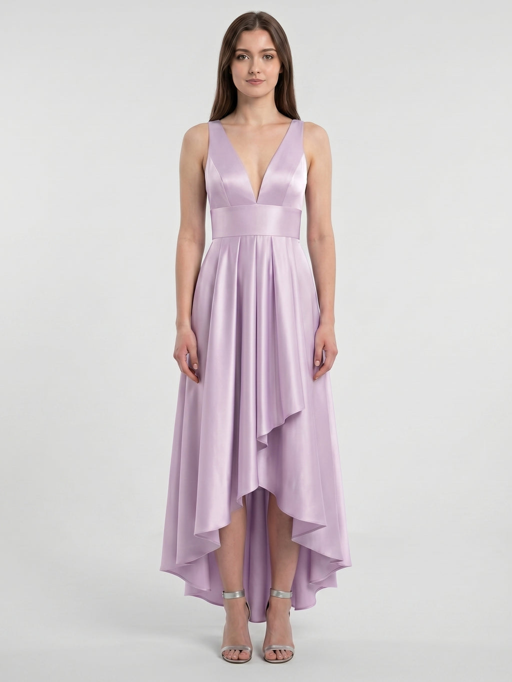Lilac Satin A-Line V-Neck Backless Asymmetrical Bridesmaid Dress