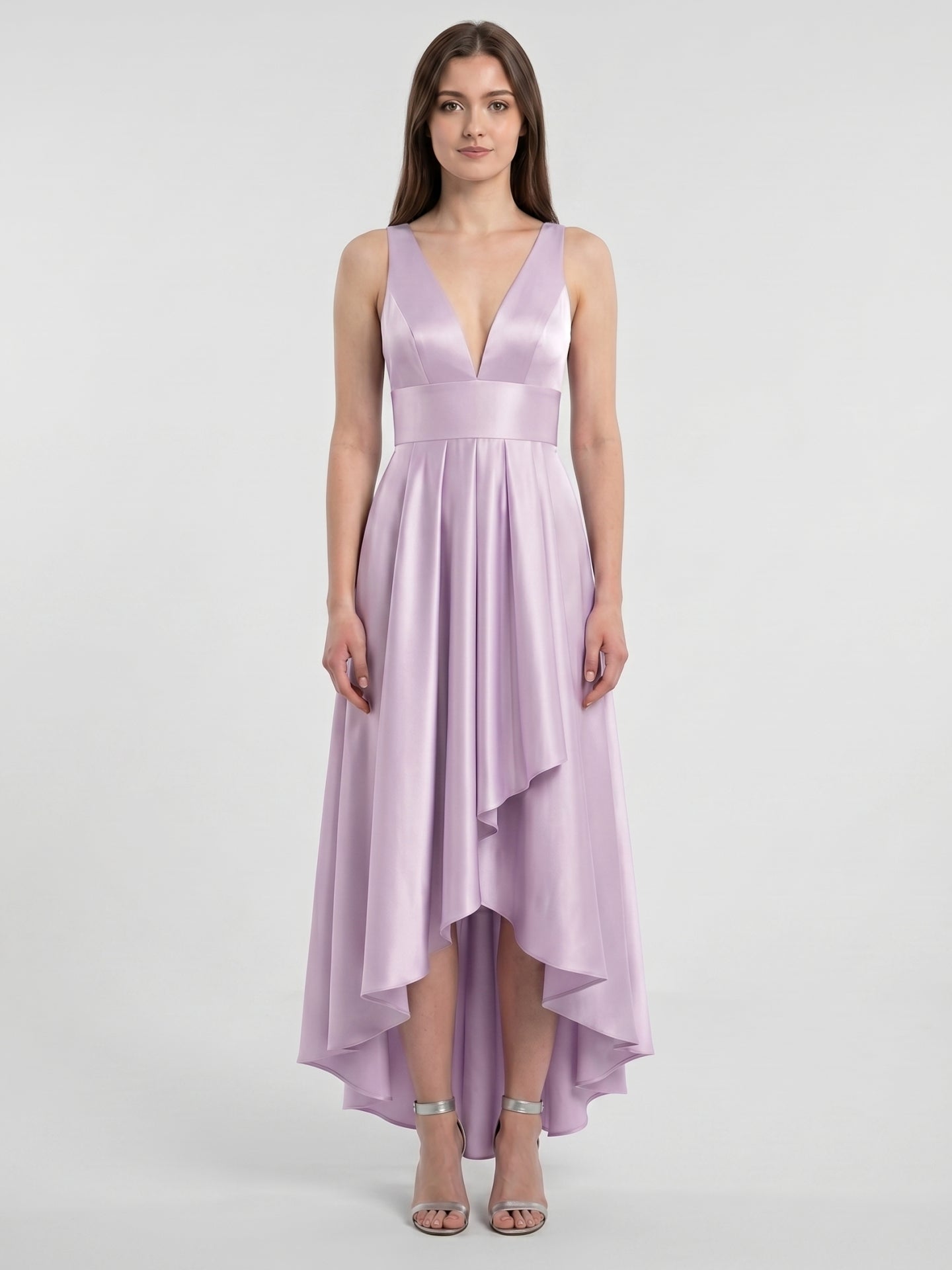 Lilac Satin A-Line V-Neck Backless Asymmetrical Bridesmaid Dress