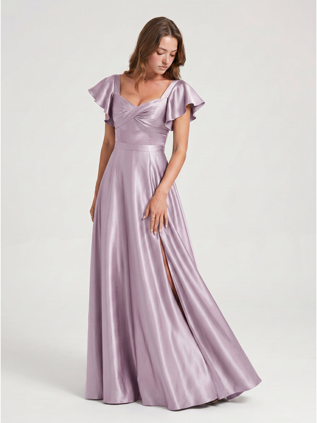 Lilac Satin A-Line V-Neck Bow Floor-Length Bridesmaid Dress
