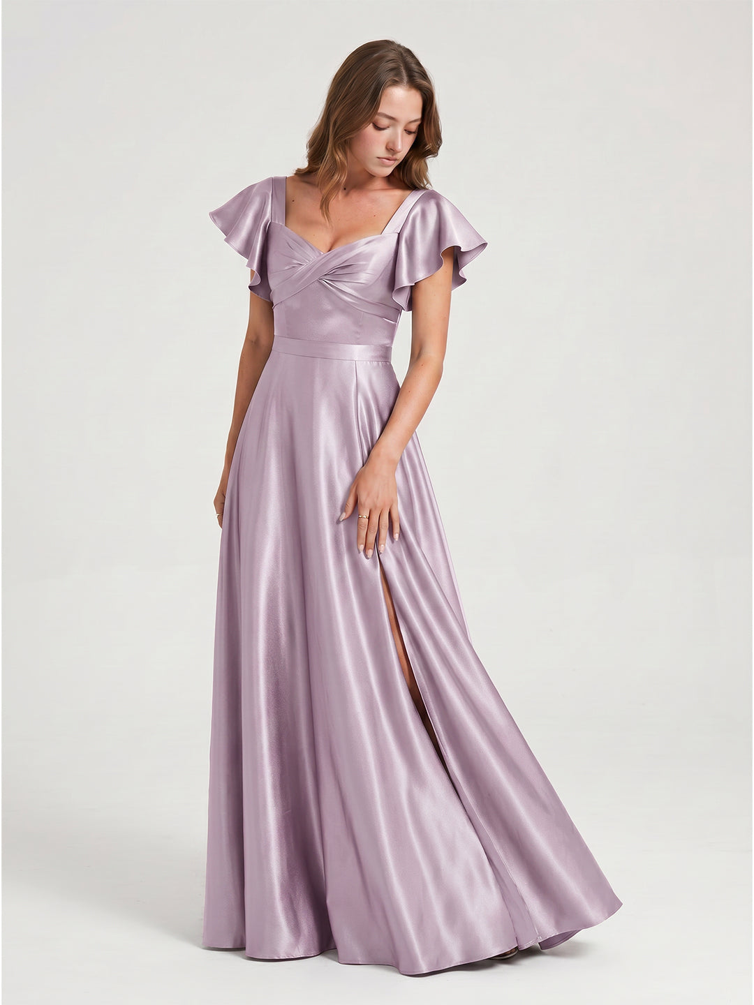 Lilac Satin A-Line V-Neck Bow Floor-Length Bridesmaid Dress