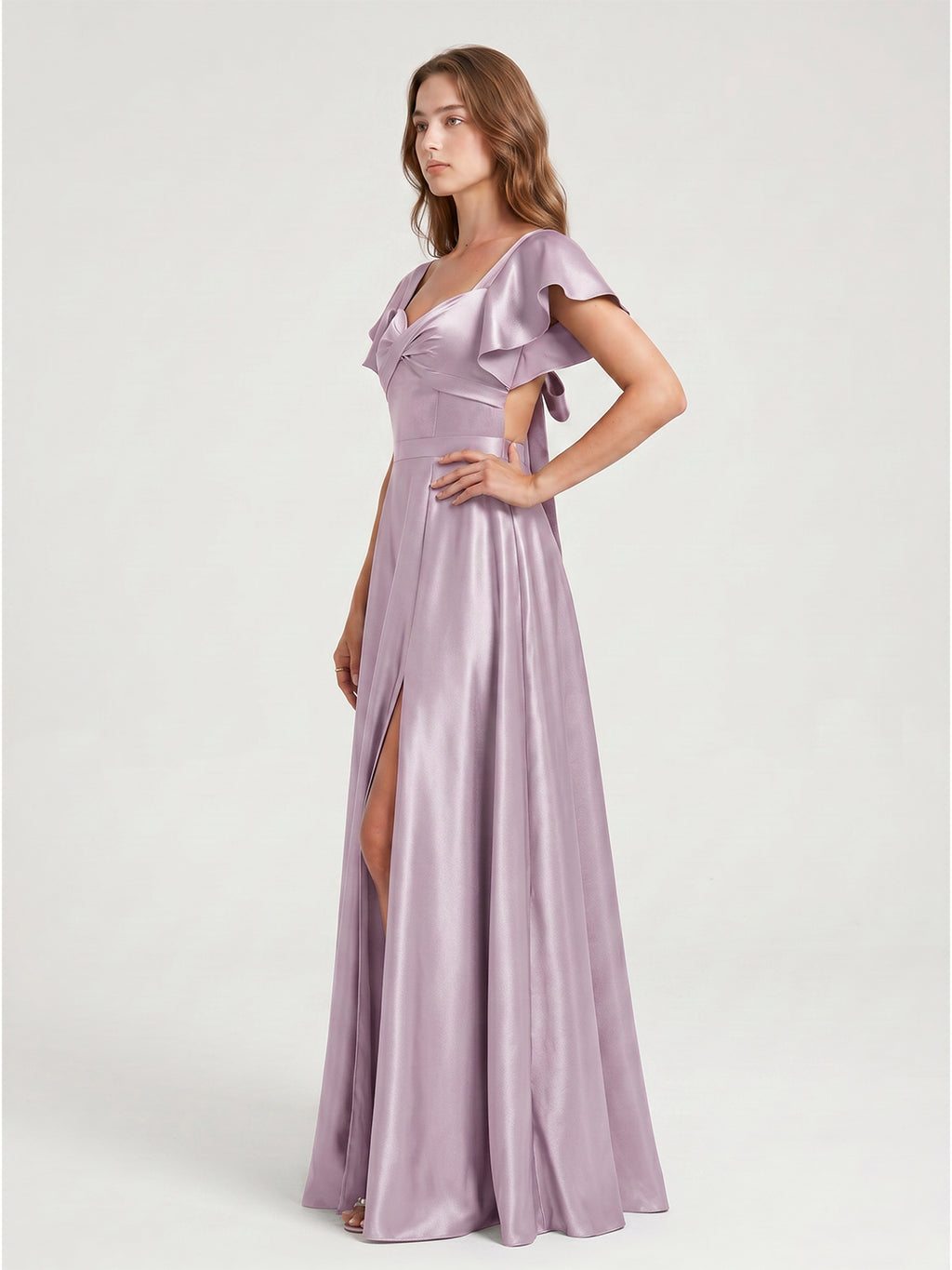 Lilac Satin A-Line V-Neck Bow Floor-Length Bridesmaid Dress
