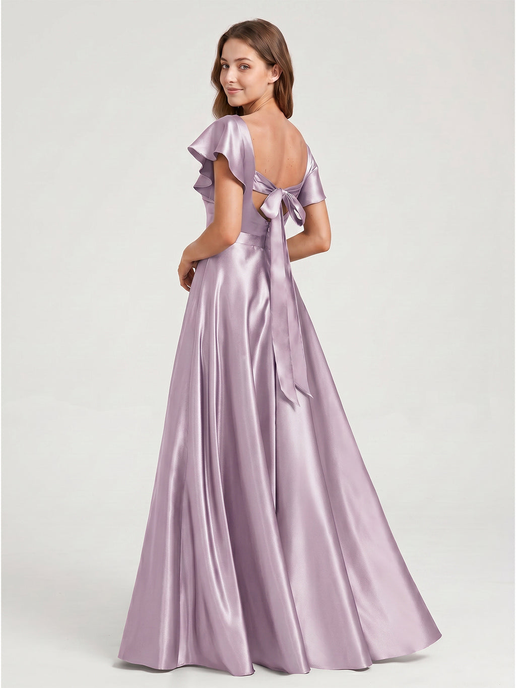 Lilac Satin A-Line V-Neck Bow Floor-Length Bridesmaid Dress